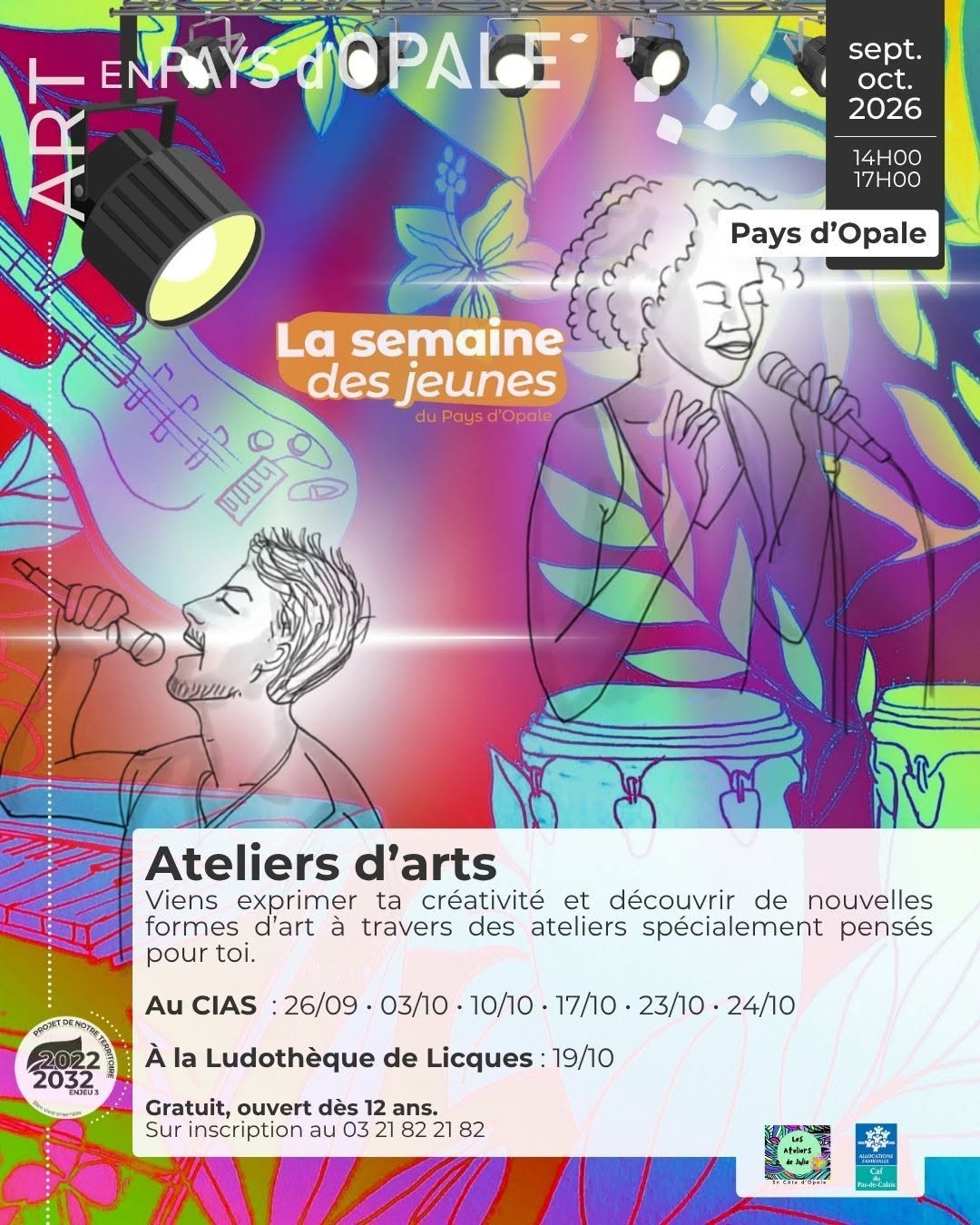 Ça commence ce samedi 26 septembre! A tous les amateurs d'art et de musique de 12 ans et plus, un beau programme s'annonce avec le projet" la semaine des jeunes" qui aura lieu du 19 au 24 septembre sur le secteur du Pays d'Opale. Cette semaine se clôturera avec une scène ouverte aux jeunes ! Afin de rendre cet événement inoubliable et artistique, je vais animer un stage artistique de 7 séances pour la realisation des décors à destination des ados et jeunes adultes. Au programme: 26 septembre, 3 octobre : conception de panneaux peints. 10 et 17 octobre: conception d'animations à l'aquarelle 19 et 23 octobre: conception de sculptures lumineuses. 24 octobre: finalisation et installation des décors. Inscrivez-vous au plus vite sur 2 séances ou plus!! Inscriptions: 0321822182 Au plaisir de vivre cette aventure ensemble!